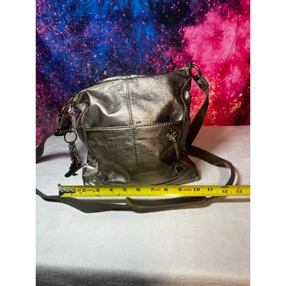 The Sak Metallic Pewter Leather Crossbody Bag Boho Charm Antiqued Brass Hardware